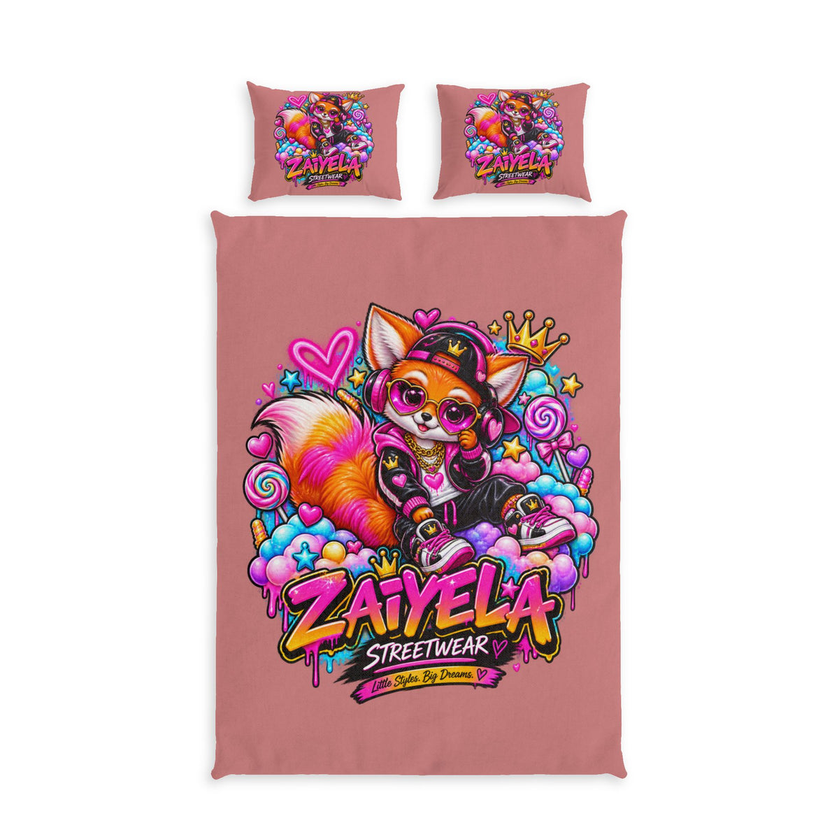 Cute Fox Streetwear Cotton Bed Set — "Zaiyela" Pink Duvet Cover & Pillowcases