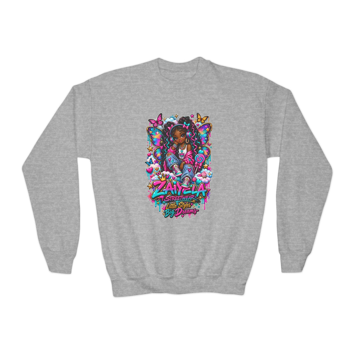 Youth Crewneck Sweatshirt — Colorful Butterfly Girl Graphic Sweatshirt for Kids