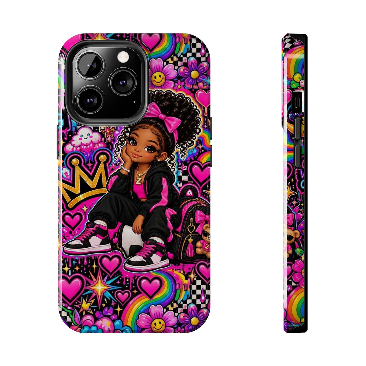 Cute Black Girl Phone Case Pink Crowned Girl, Hearts & Rainbow Tough Case