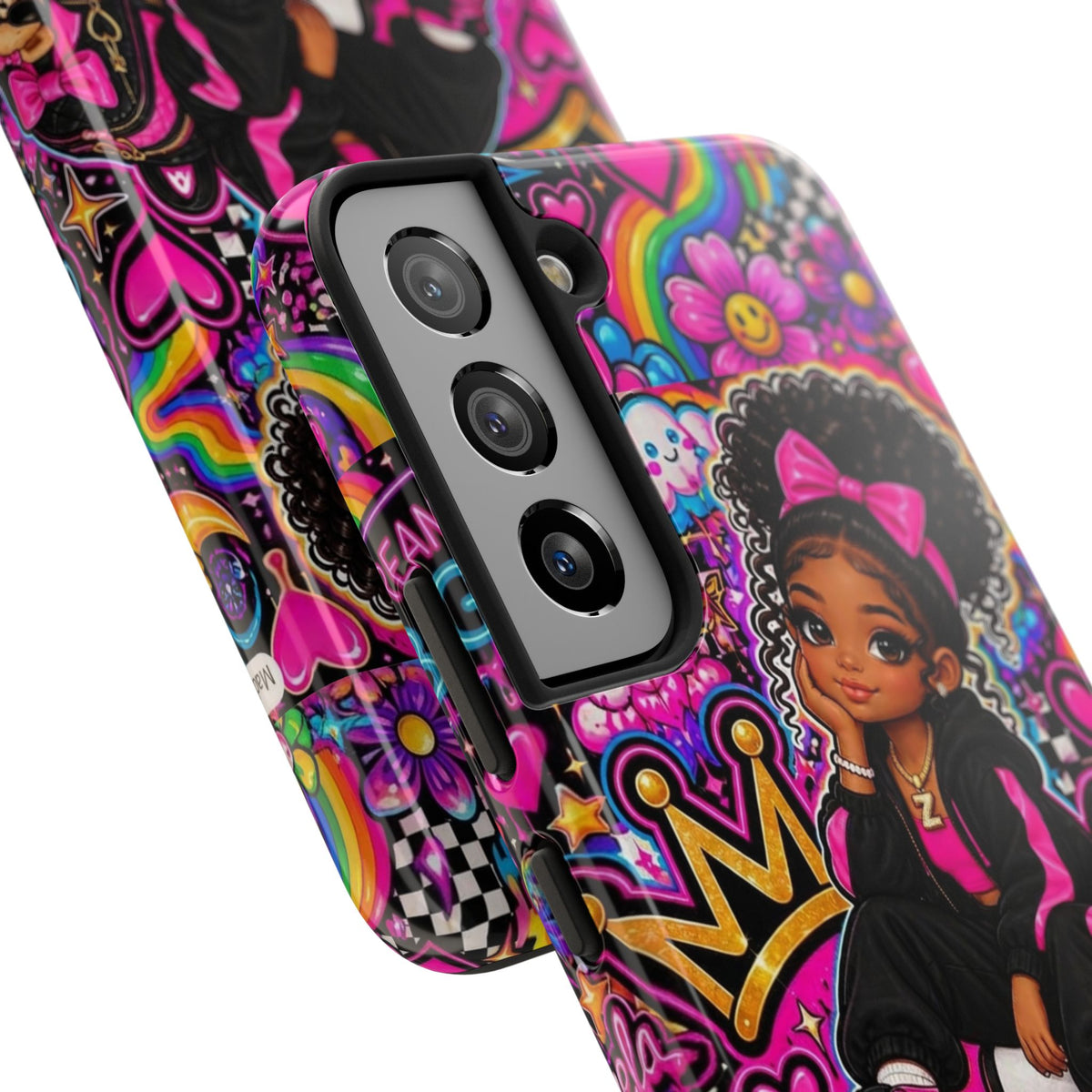 Cute Black Girl Phone Case Pink Crowned Girl, Hearts & Rainbow Tough Case
