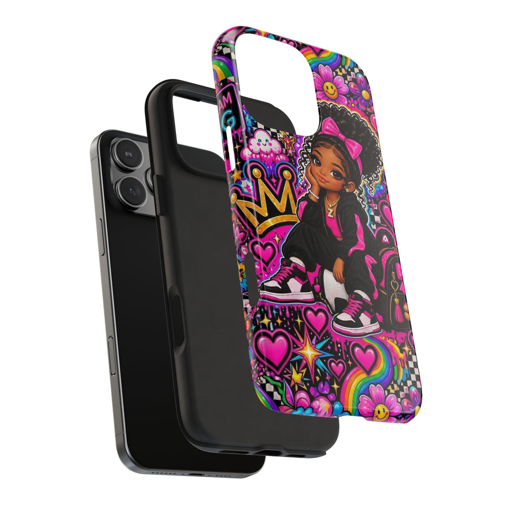 Cute Black Girl Phone Case Pink Crowned Girl, Hearts & Rainbow Tough Case