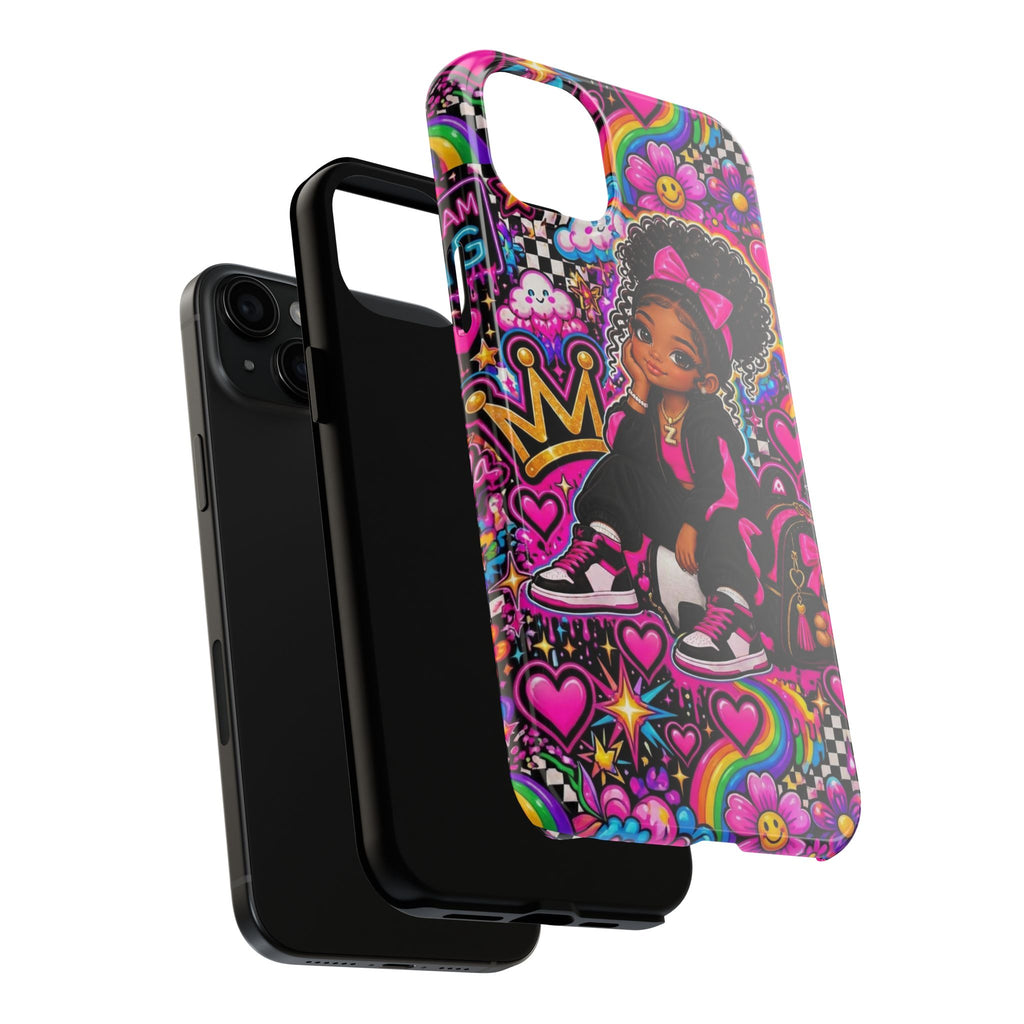 Cute Black Girl Phone Case Pink Crowned Girl, Hearts & Rainbow Tough Case