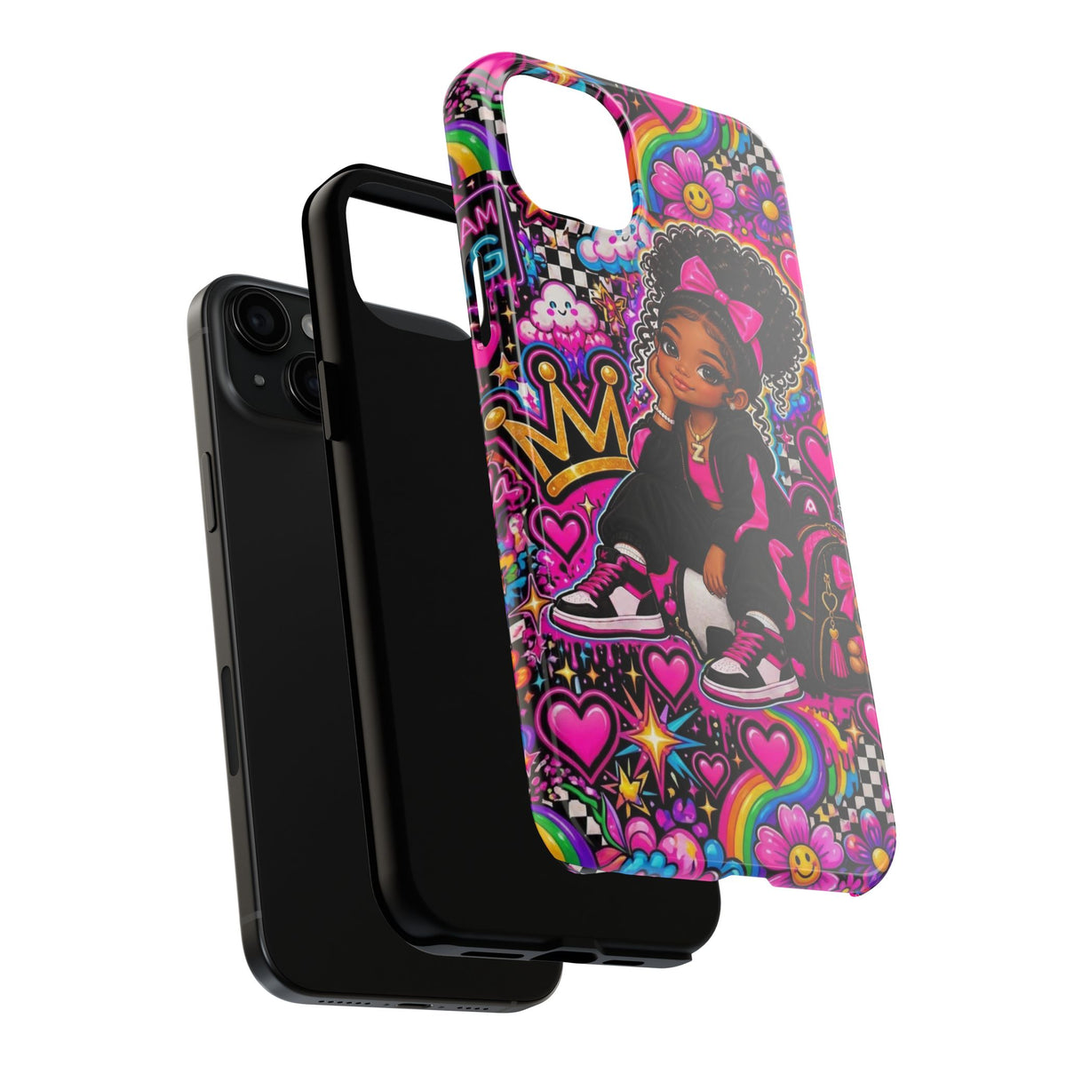 Cute Black Girl Phone Case Pink Crowned Girl, Hearts & Rainbow Tough Case