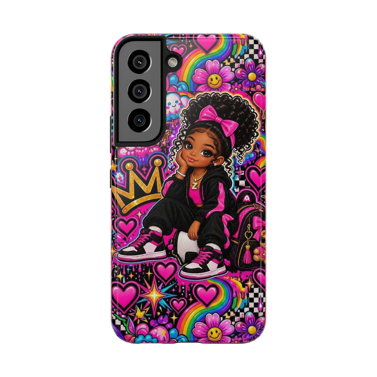 Cute Black Girl Phone Case Pink Crowned Girl, Hearts & Rainbow Tough Case