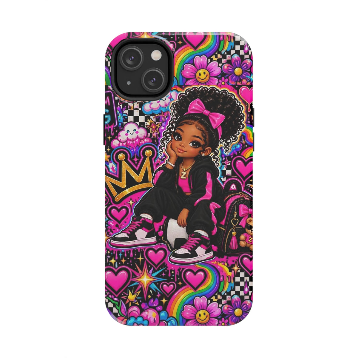 Cute Black Girl Phone Case Pink Crowned Girl, Hearts & Rainbow Tough Case