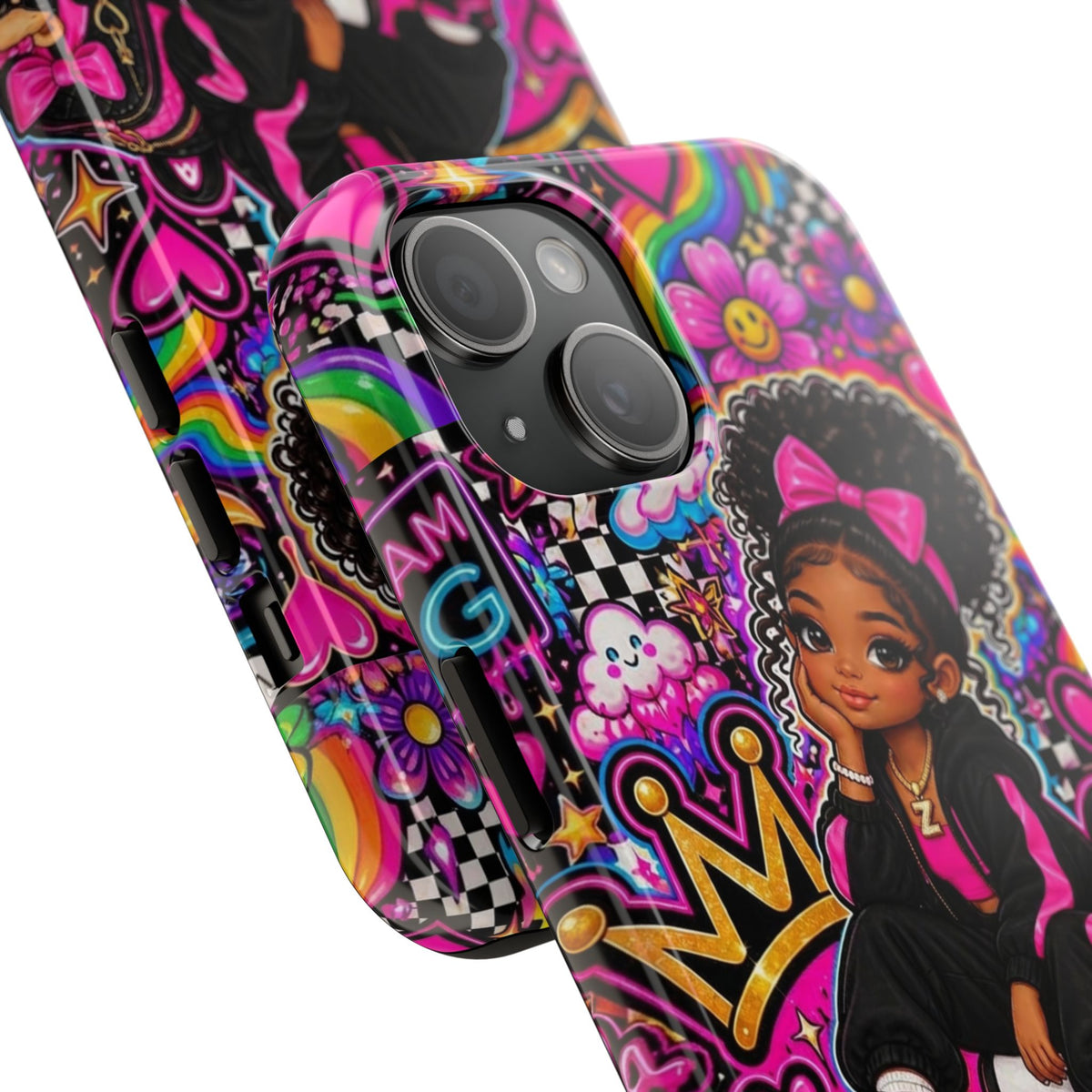 Cute Black Girl Phone Case Pink Crowned Girl, Hearts & Rainbow Tough Case