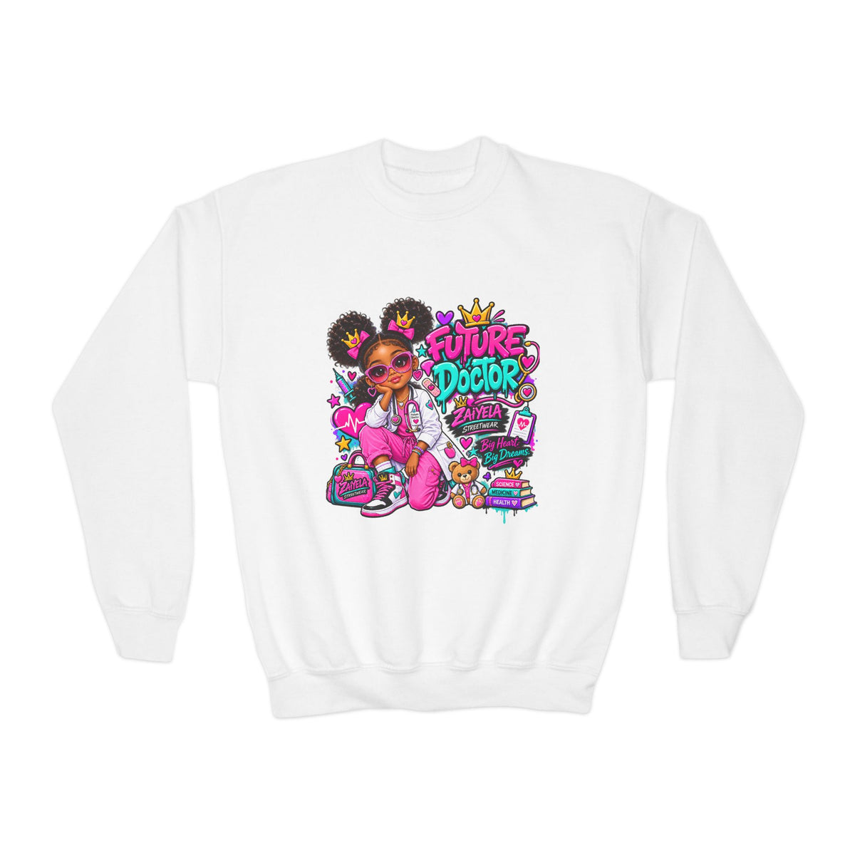 Youth Sweatshirt — "Future Doctor" Pink Graphic Crewneck Big Heart, Big Dreams
