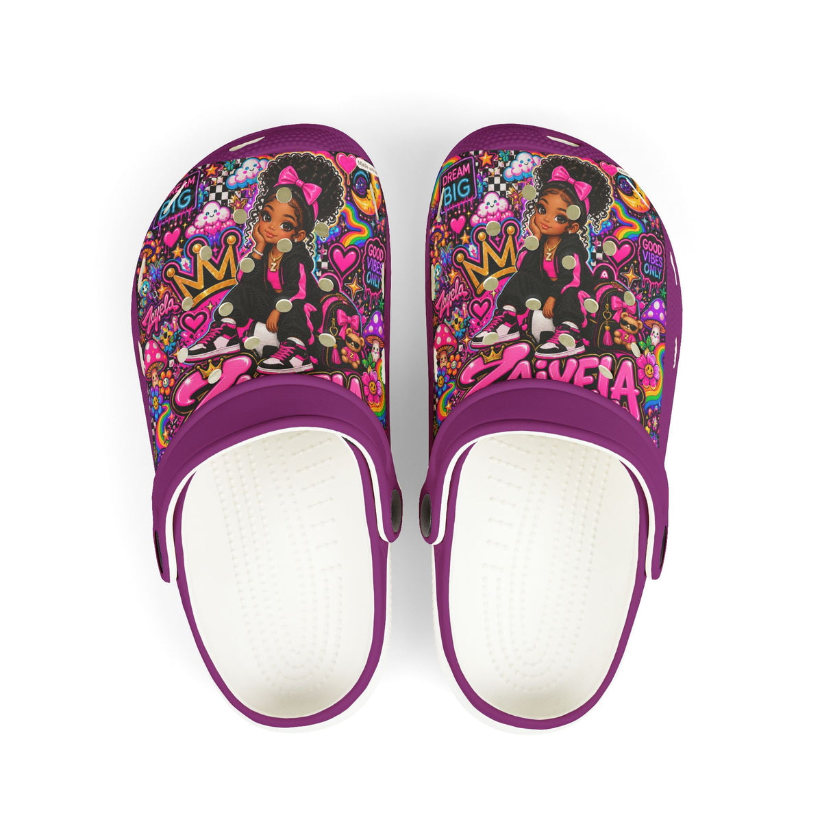 Girls' Purple Princess EVA Foam Clogs — Cute Cartoon Hearts & Crown All-Over Print