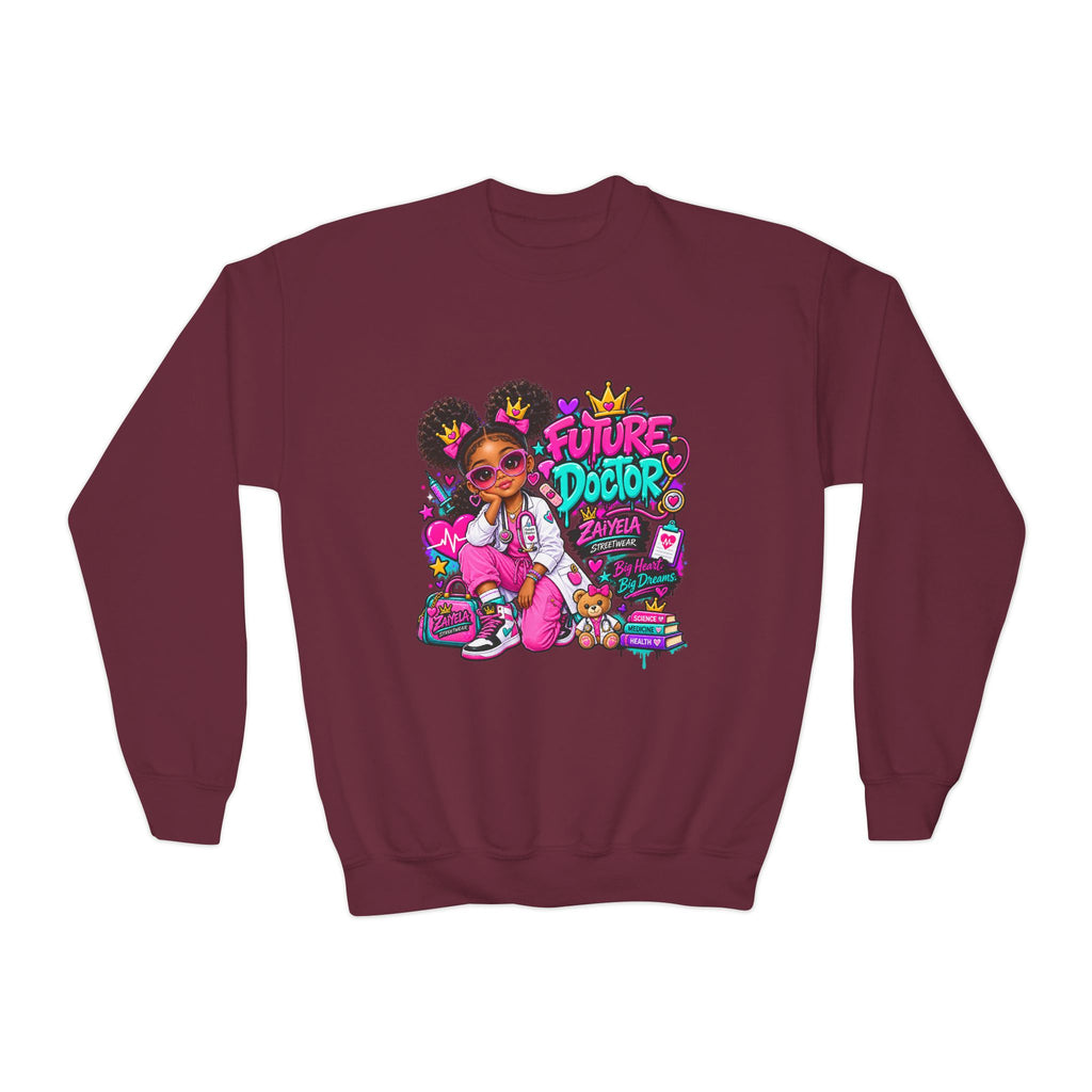 Youth Sweatshirt — "Future Doctor" Pink Graphic Crewneck Big Heart, Big Dreams