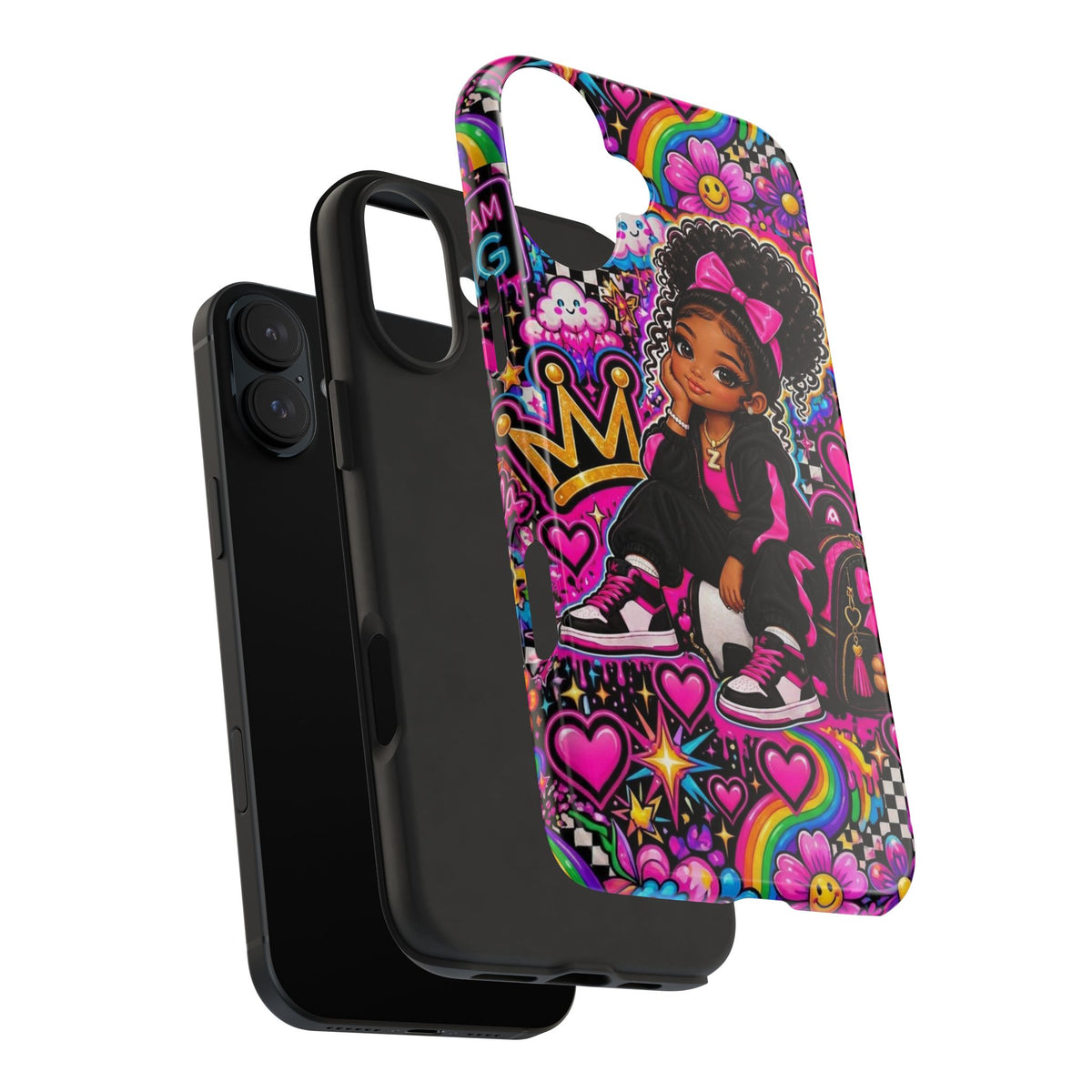 Cute Black Girl Phone Case Pink Crowned Girl, Hearts & Rainbow Tough Case