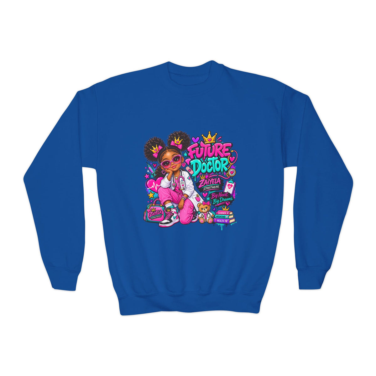 Youth Sweatshirt — "Future Doctor" Pink Graphic Crewneck Big Heart, Big Dreams