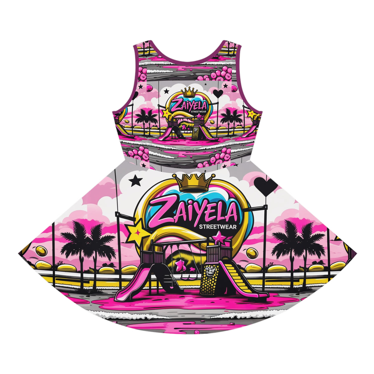 Girls' Pink Beach Playground Sundress — 'Zaiyela Streetwear' All-Over Print