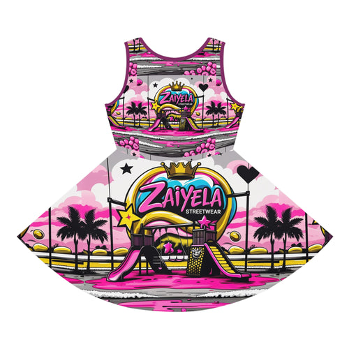 Girls' Pink Beach Playground Sundress — 'Zaiyela Streetwear' All-Over Print
