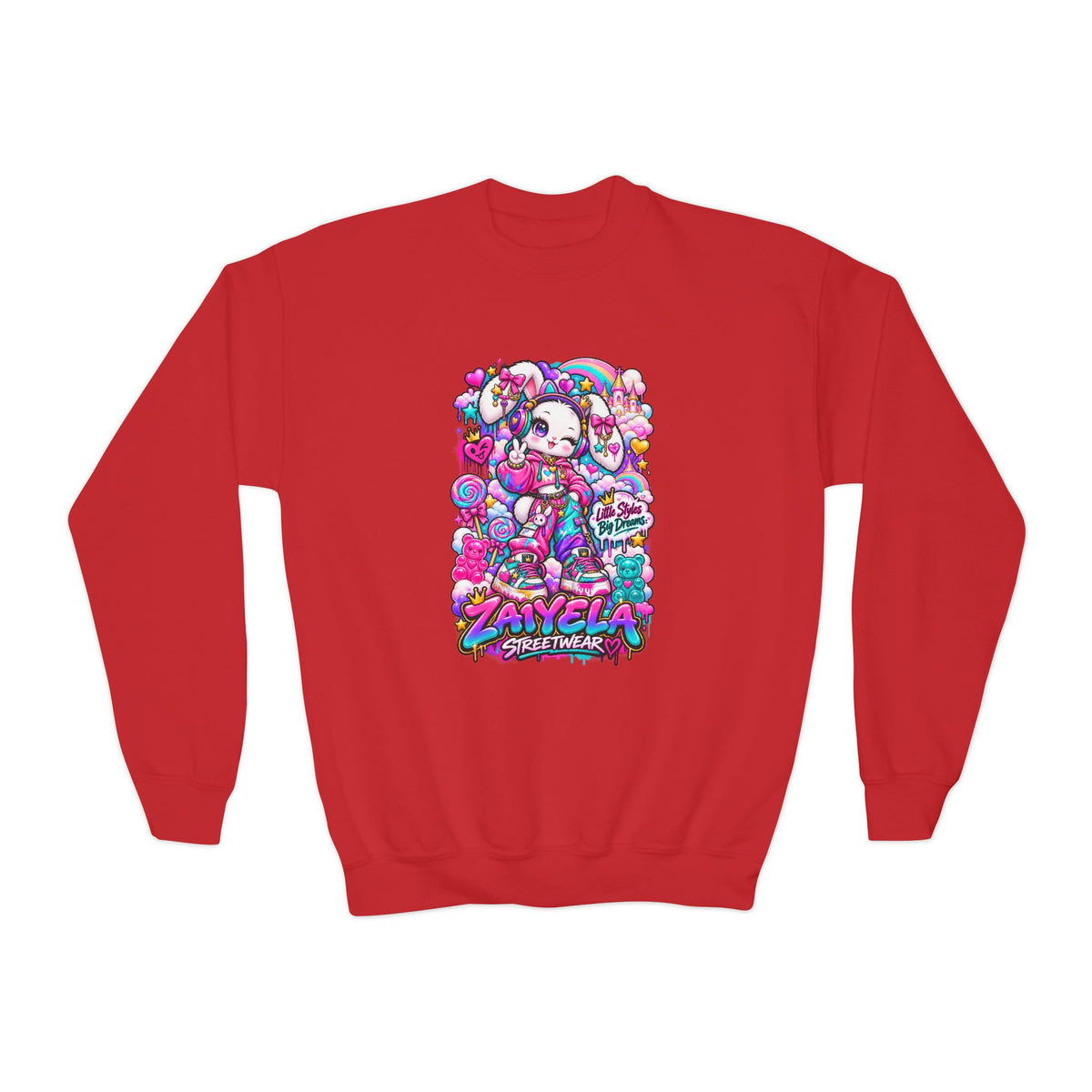 Youth Crewneck Sweatshirt — Colorful Bunny Candy Dream Graphic
