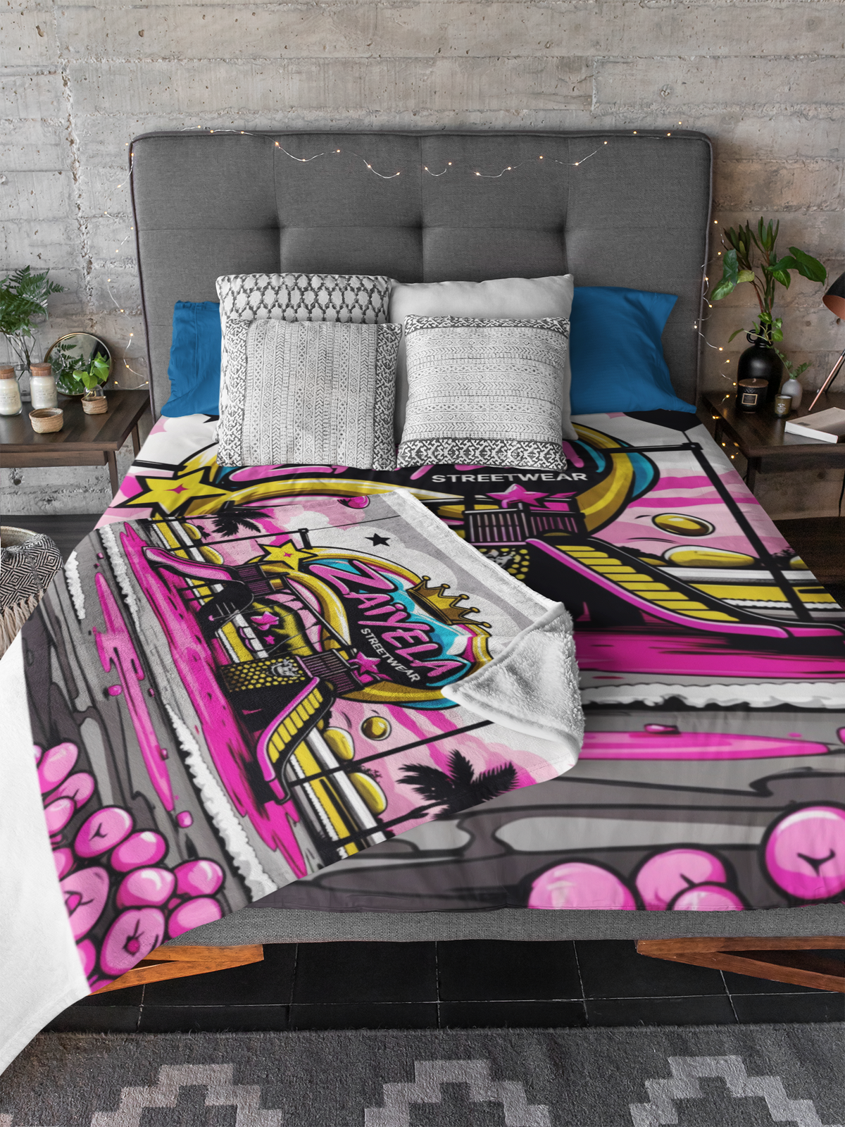 Zaiyela Streetwear Cotton Bed Set  Pink Retro Graffiti Bedding