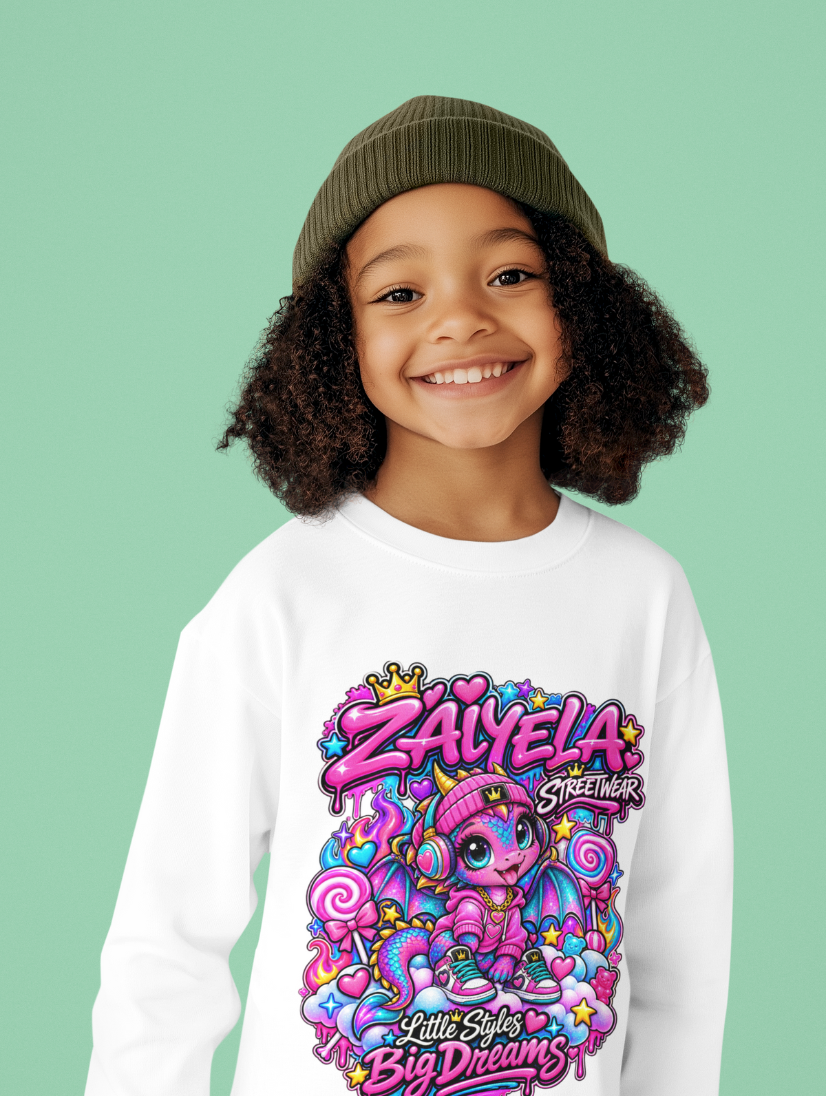 Youth Crewneck Sweatshirt — Colorful Kawaii 'Zalyela' Big Dreams Graphic