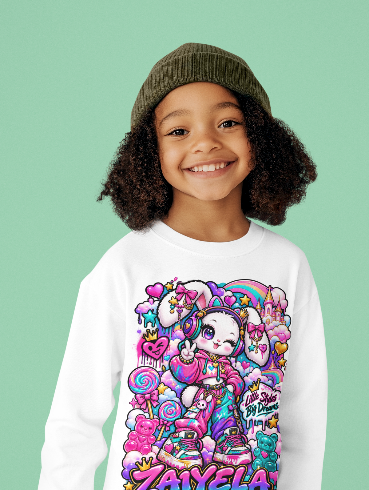 Youth Crewneck Sweatshirt — Colorful Bunny Candy Dream Graphic