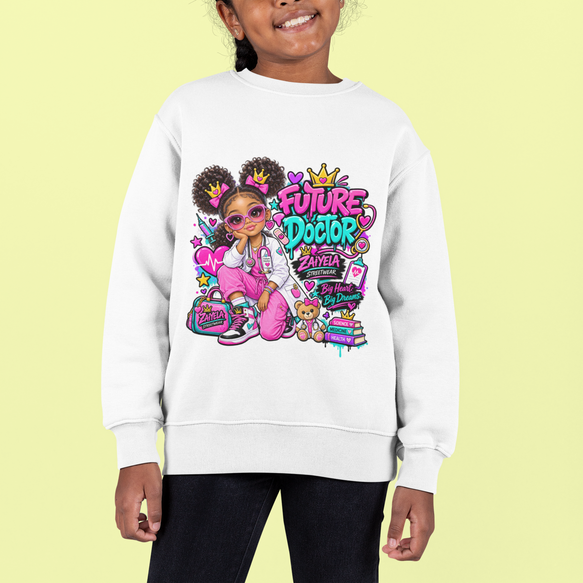 Youth Sweatshirt — "Future Doctor" Pink Graphic Crewneck Big Heart, Big Dreams