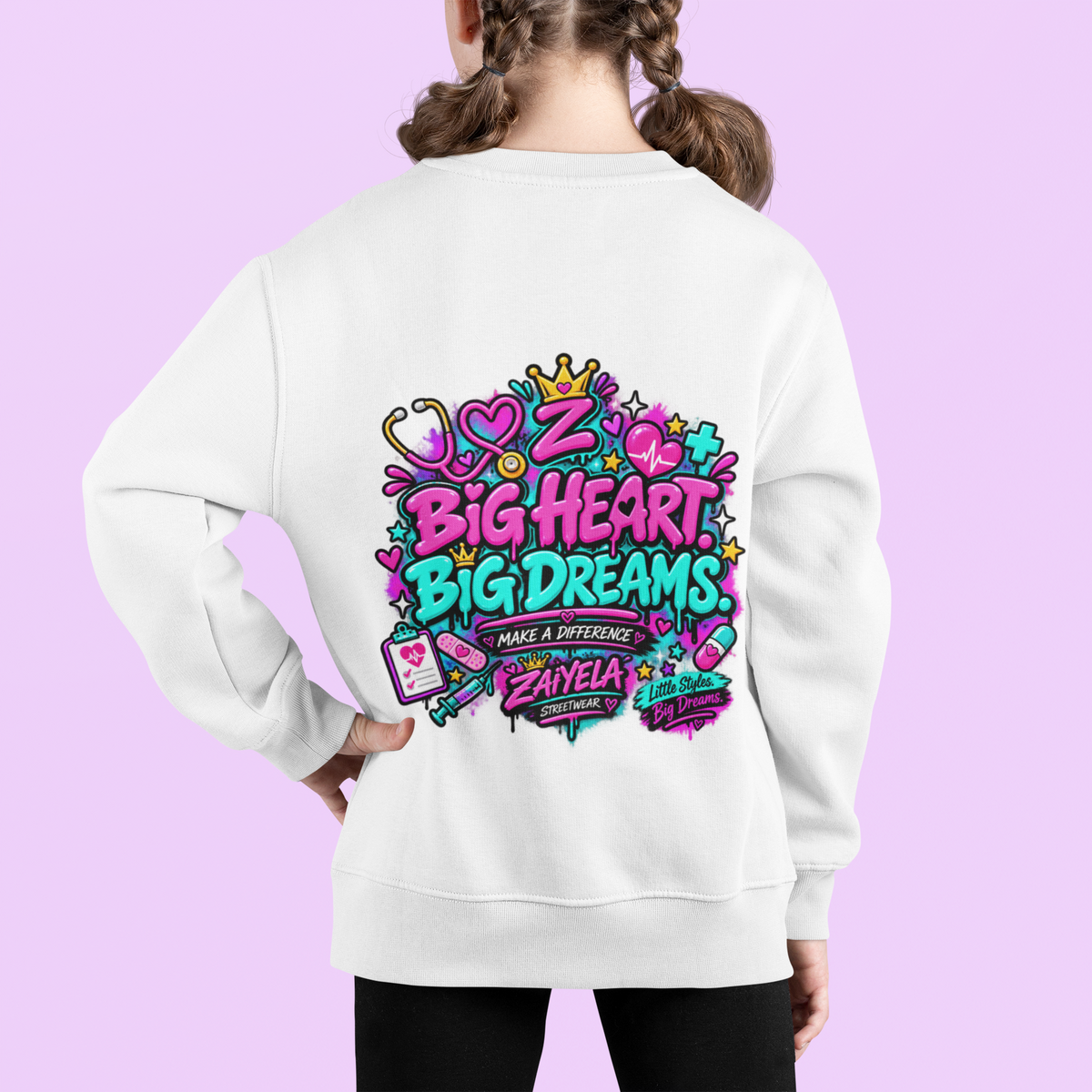 Youth Sweatshirt — "Future Doctor" Pink Graphic Crewneck Big Heart, Big Dreams