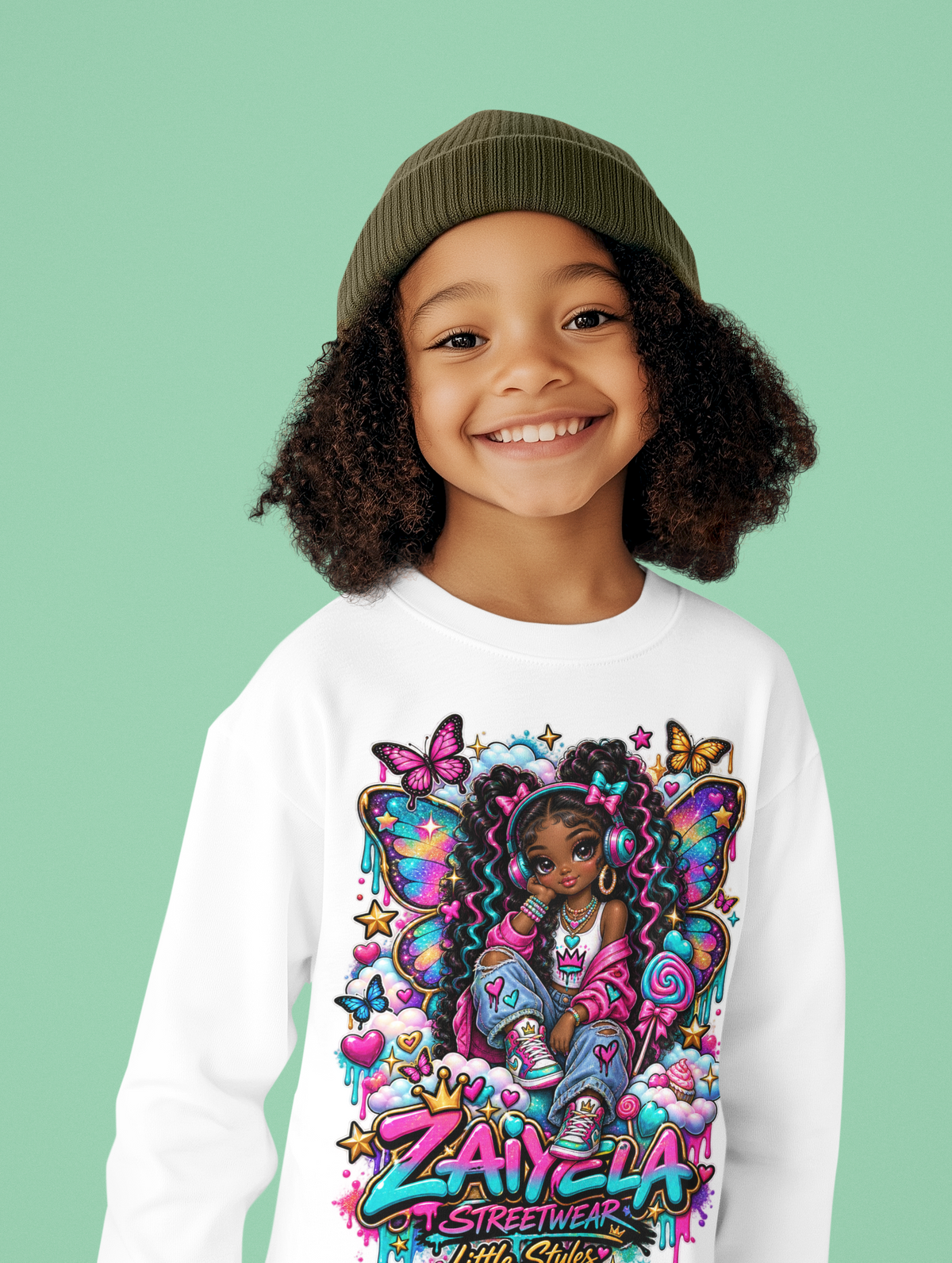 Youth Crewneck Sweatshirt — Colorful Butterfly Girl Graphic Sweatshirt for Kids