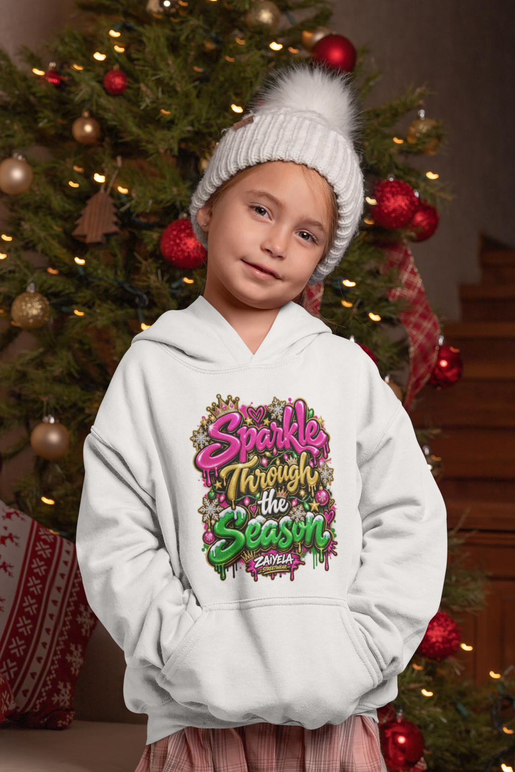 Kids Hoodie Sparkle Through the Season Holiday Graphic Pullover for Children