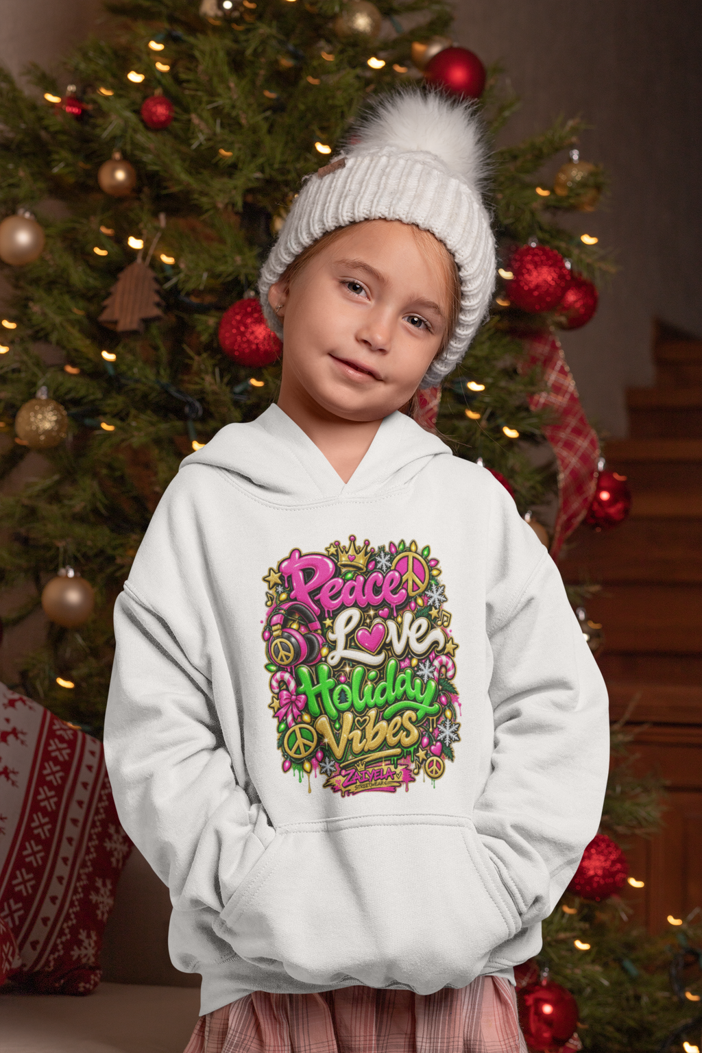 Kids Hoodie Peace • Love • Holiday Vibes Holiday Vibes Graphic Hoodie (Peace, Love, Holiday Vibes)
