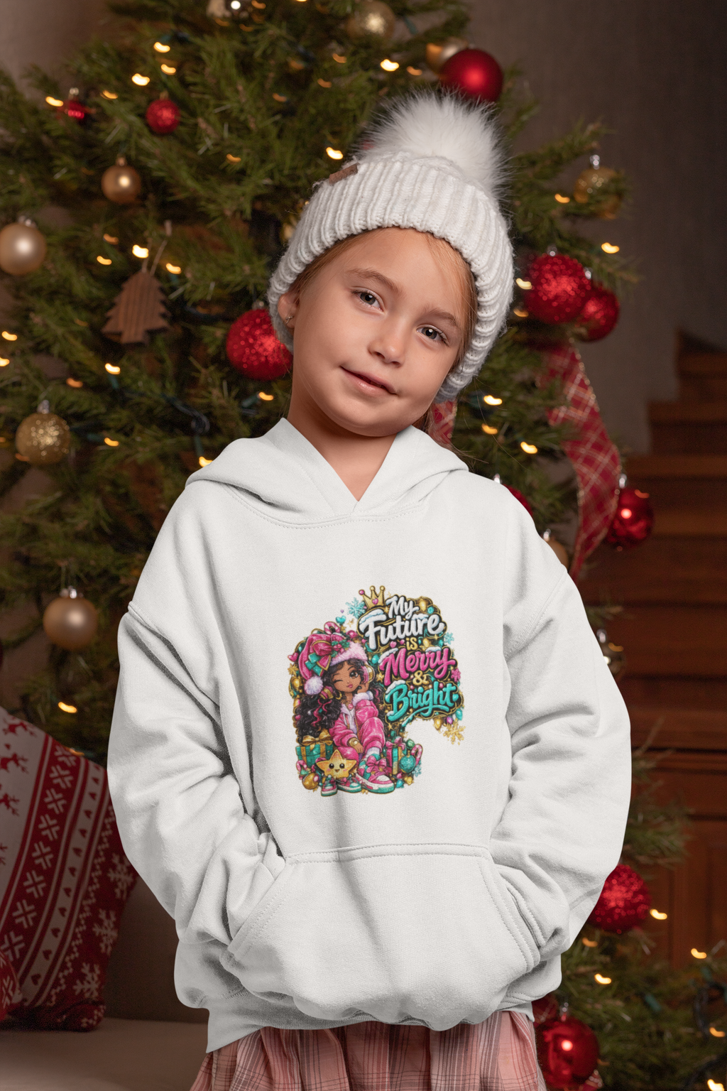 Kids Hoodie My Future Is Merry and Bright Colorful Holiday Skull Graphic Hoodie for Kids