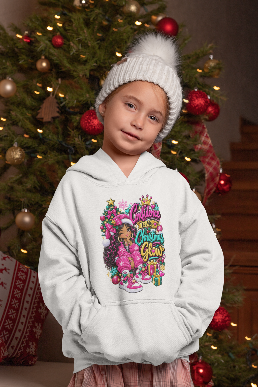 Kids Hoodie Confidence Is My Christmas Glow  Colorful Holiday Graphic Pullover