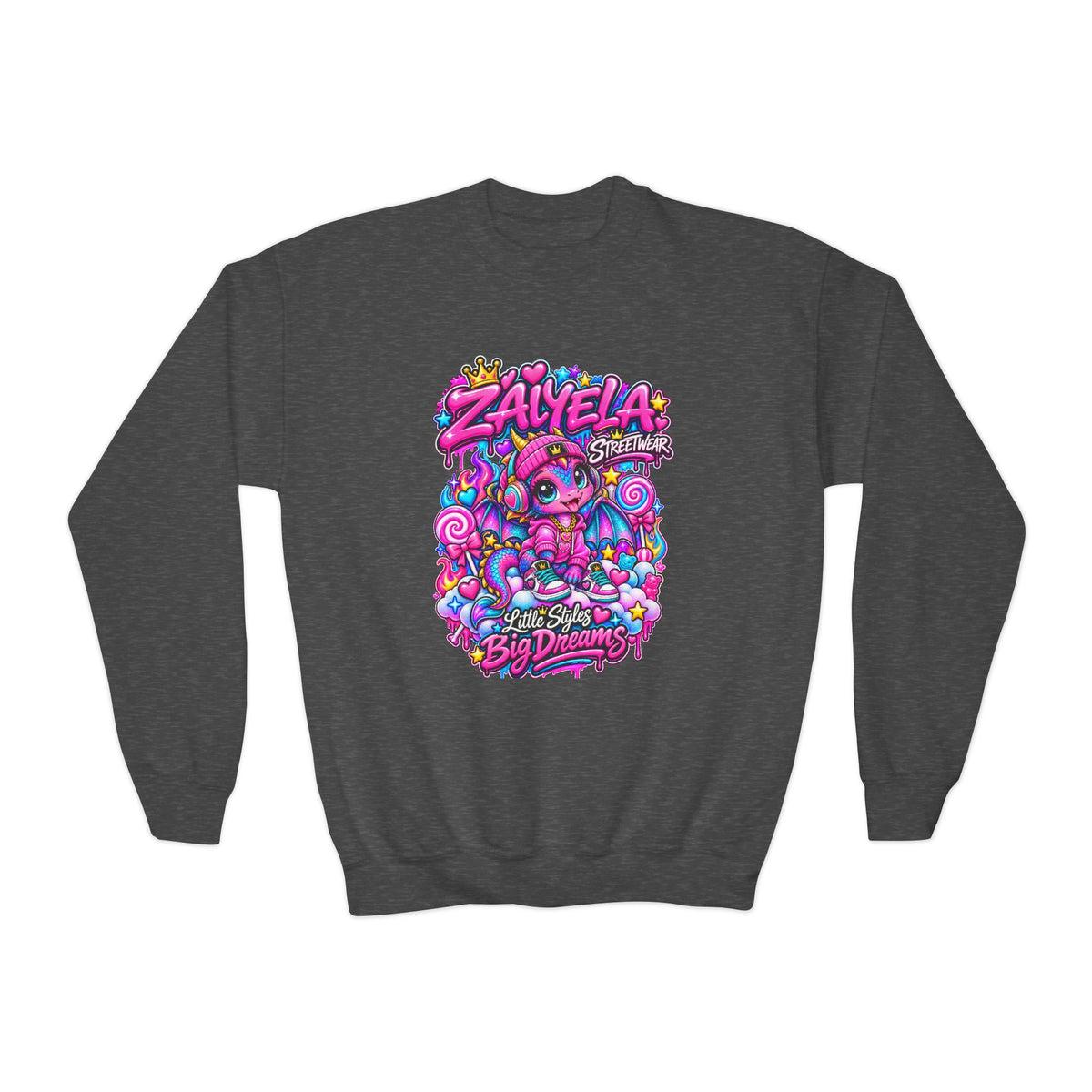 Youth Crewneck Sweatshirt — Colorful Kawaii 'Zalyela' Big Dreams Graphic