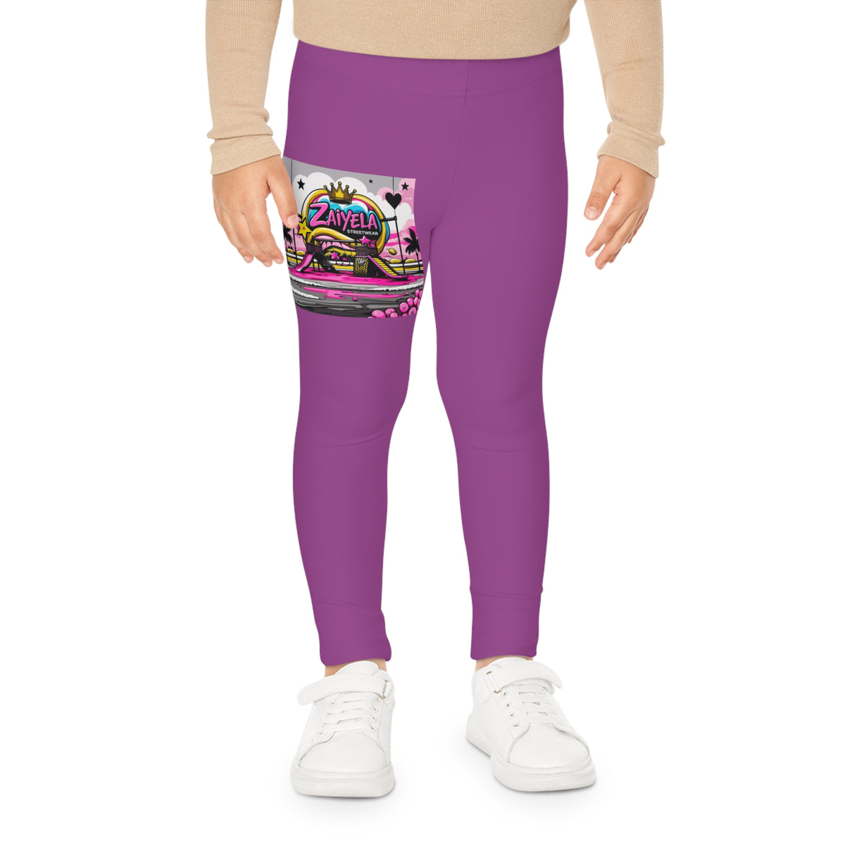 Purple Kids Leggings with Colorful Graffiti Patch Design