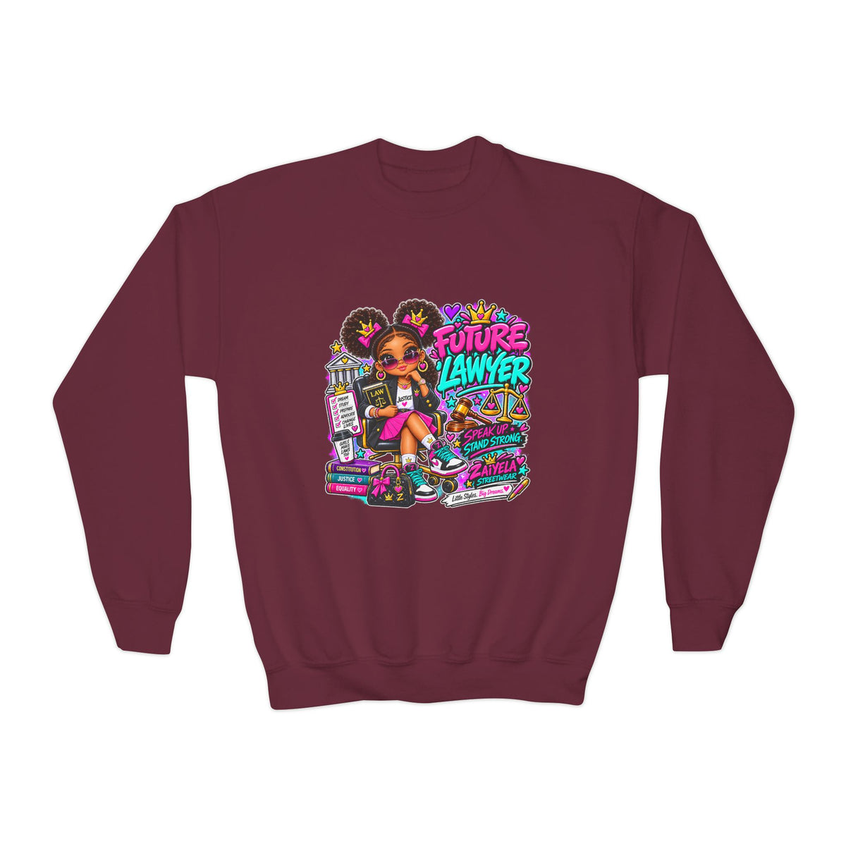 Future Lawyer Youth Crewneck Sweatshirt — Colorful Aspiring Lawyer Graphic