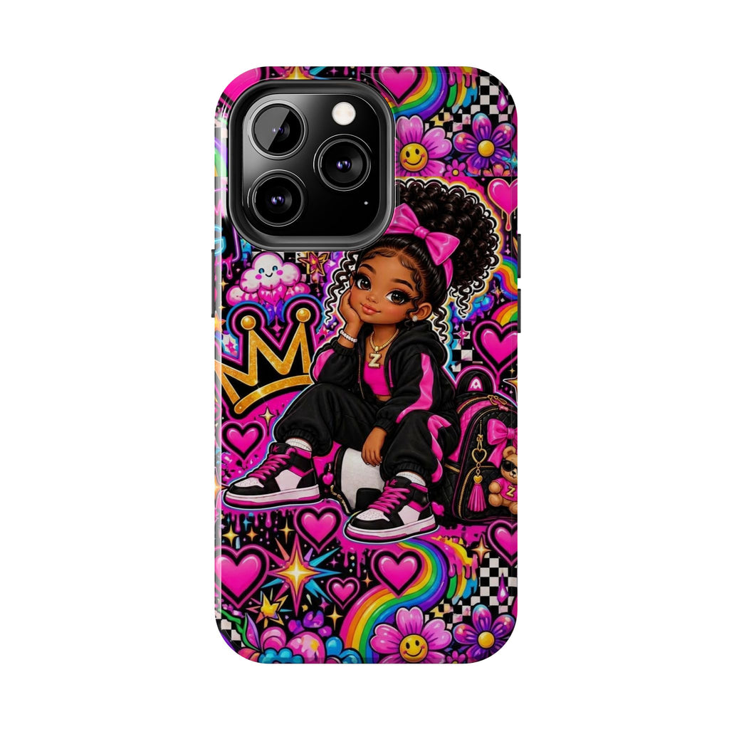 Cute Black Girl Phone Case Pink Crowned Girl, Hearts & Rainbow Tough Case