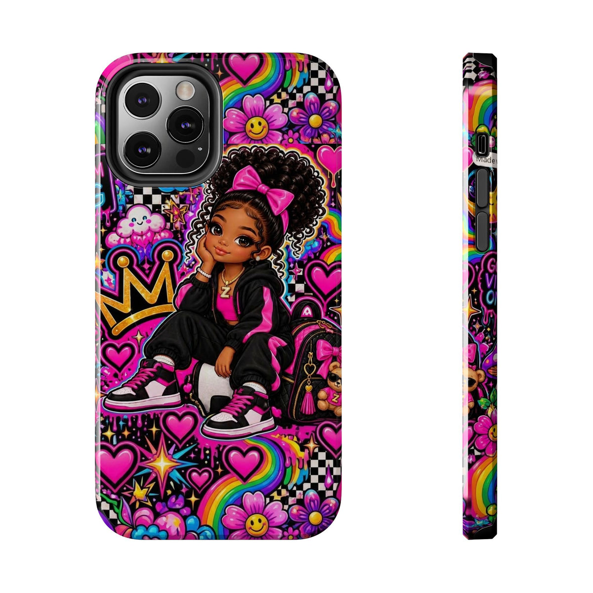 Cute Black Girl Phone Case Pink Crowned Girl, Hearts & Rainbow Tough Case