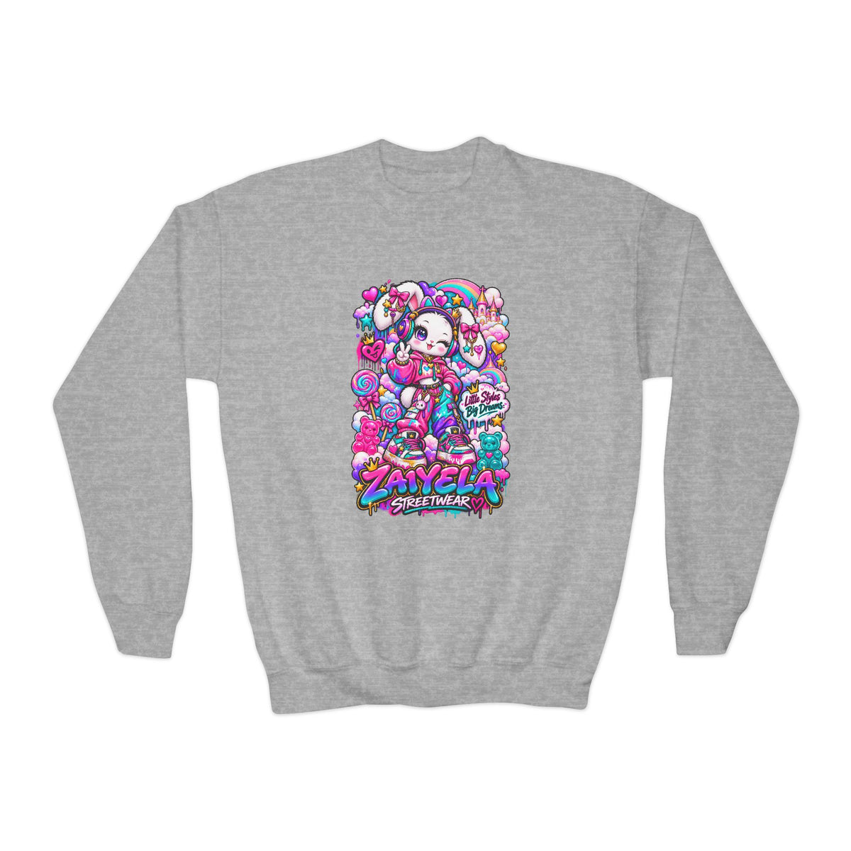 Youth Crewneck Sweatshirt — Colorful Bunny Candy Dream Graphic