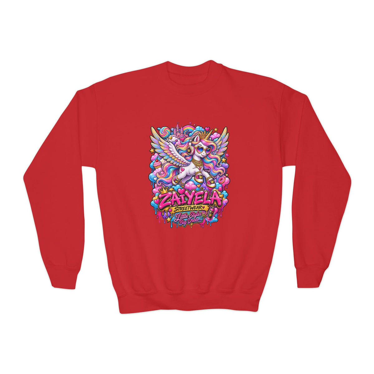 Youth Crewneck Sweatshirt — Colorful Cartoon Pegasus Design