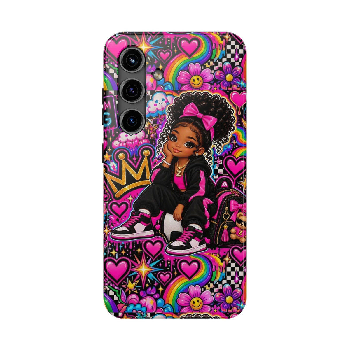 Cute Black Girl Phone Case Pink Crowned Girl, Hearts & Rainbow Tough Case