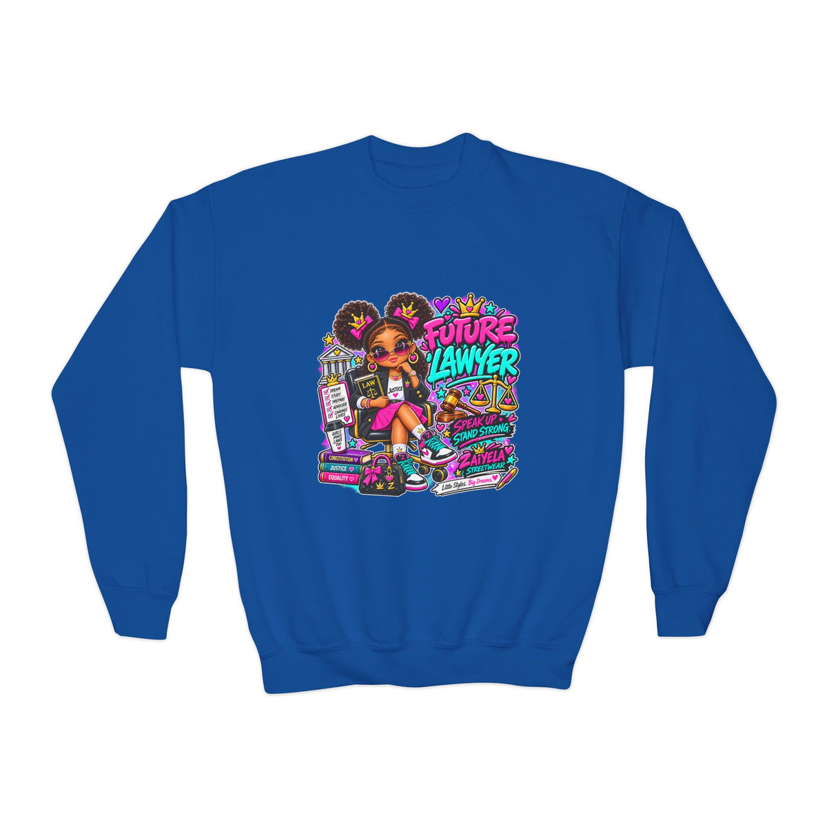 Future Lawyer Youth Crewneck Sweatshirt — Colorful Aspiring Lawyer Graphic