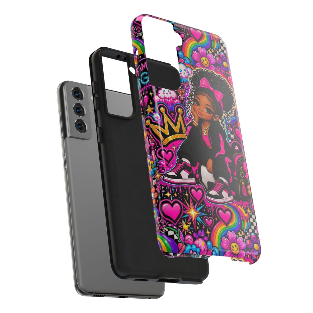 Cute Black Girl Phone Case Pink Crowned Girl, Hearts & Rainbow Tough Case