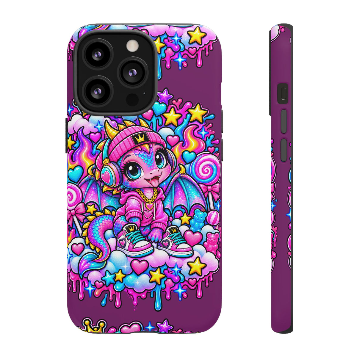 Cute Dragon Phone Case Purple Heart Crown Design