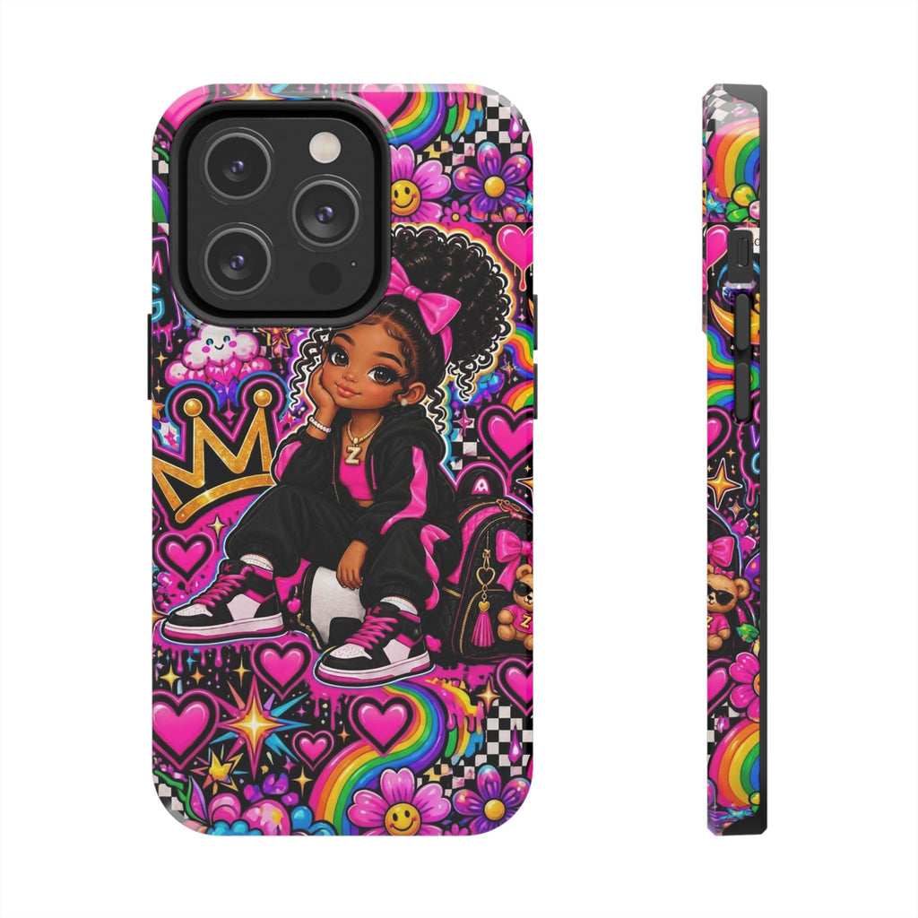 Cute Black Girl Phone Case Pink Crowned Girl, Hearts & Rainbow Tough Case