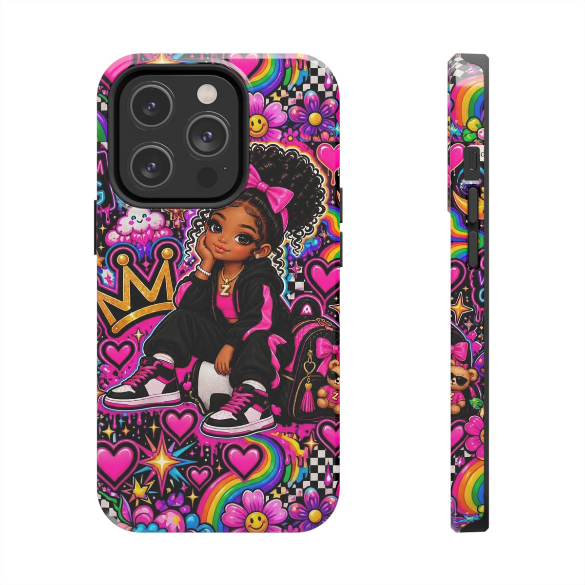 Cute Black Girl Phone Case Pink Crowned Girl, Hearts & Rainbow Tough Case