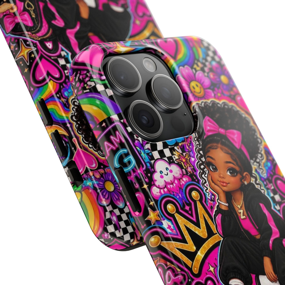 Cute Black Girl Phone Case Pink Crowned Girl, Hearts & Rainbow Tough Case