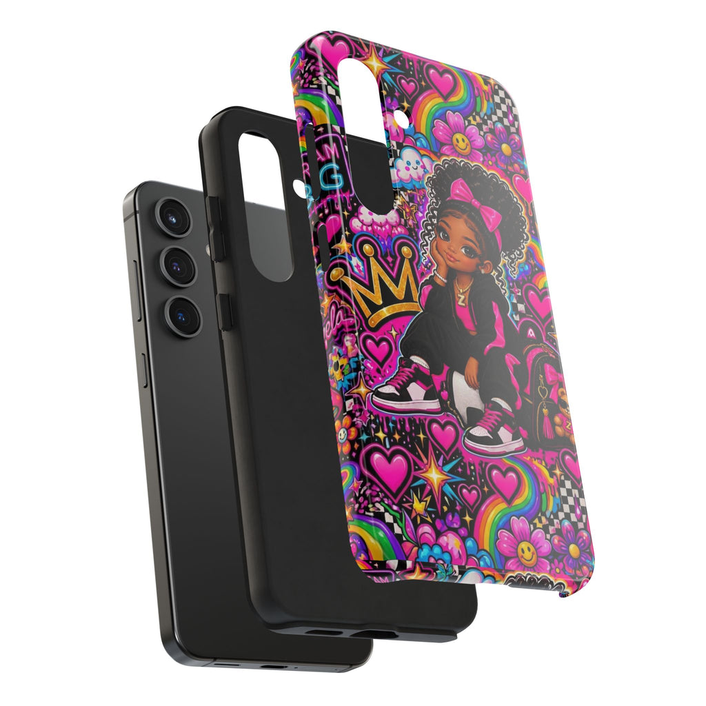 Cute Black Girl Phone Case Pink Crowned Girl, Hearts & Rainbow Tough Case