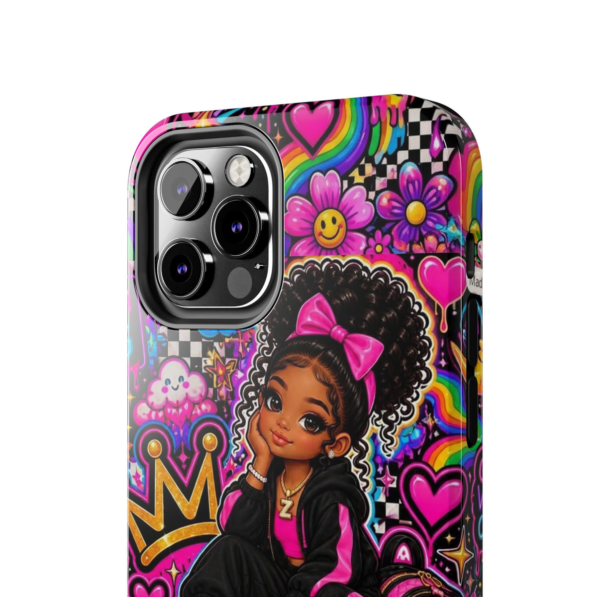 Cute Black Girl Phone Case Pink Crowned Girl, Hearts & Rainbow Tough Case