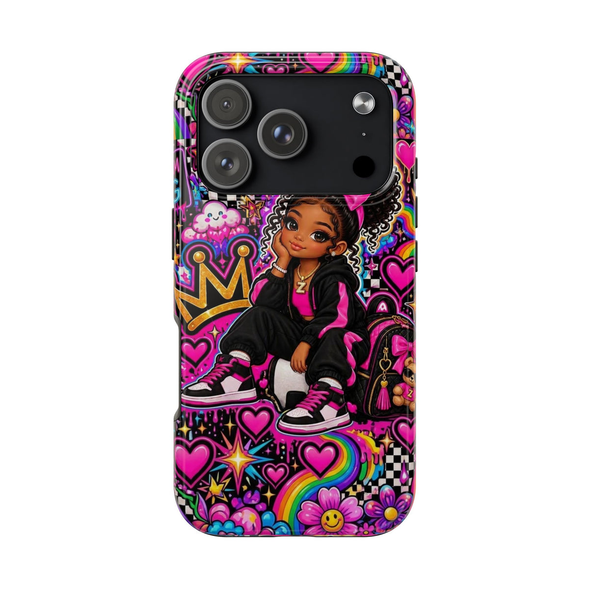 Cute Black Girl Phone Case Pink Crowned Girl, Hearts & Rainbow Tough Case