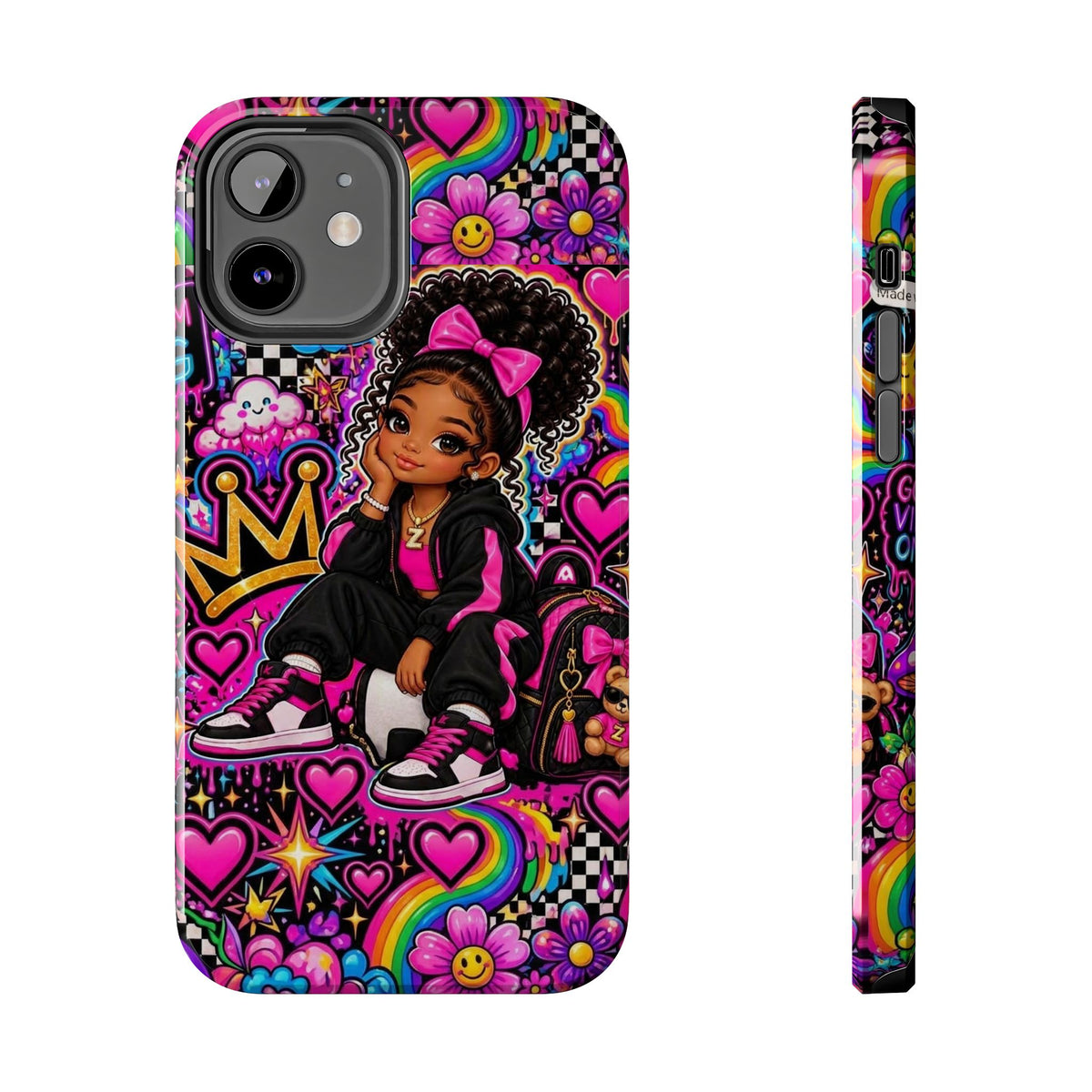 Cute Black Girl Phone Case Pink Crowned Girl, Hearts & Rainbow Tough Case