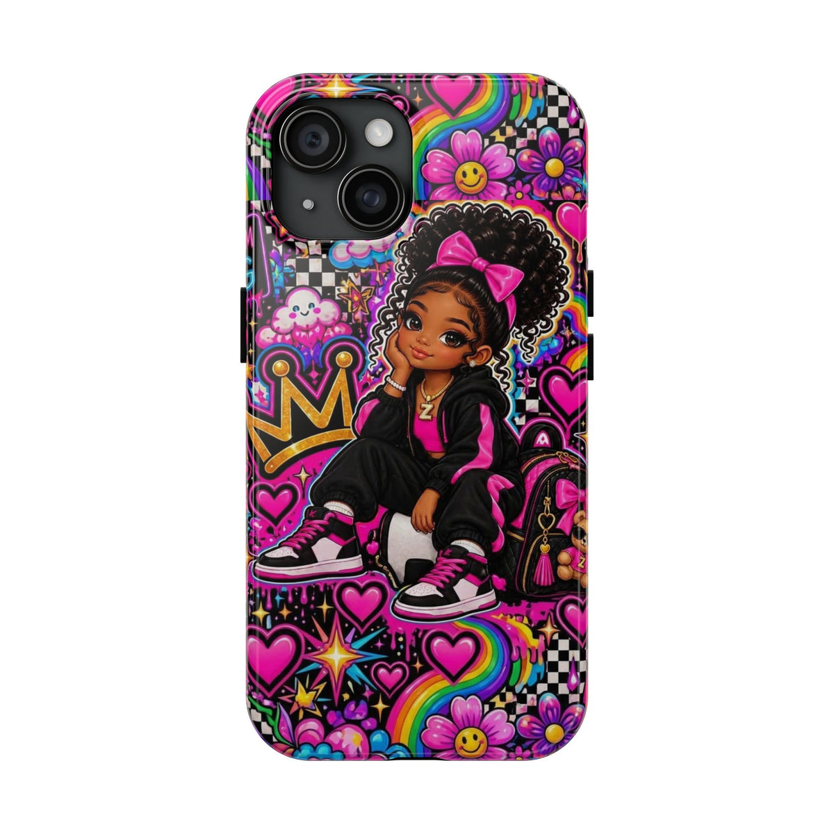 Cute Black Girl Phone Case Pink Crowned Girl, Hearts & Rainbow Tough Case