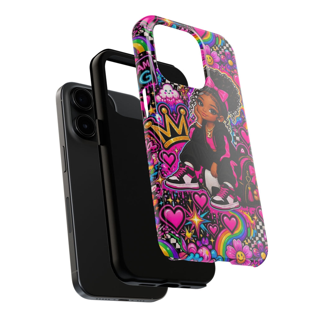 Cute Black Girl Phone Case Pink Crowned Girl, Hearts & Rainbow Tough Case