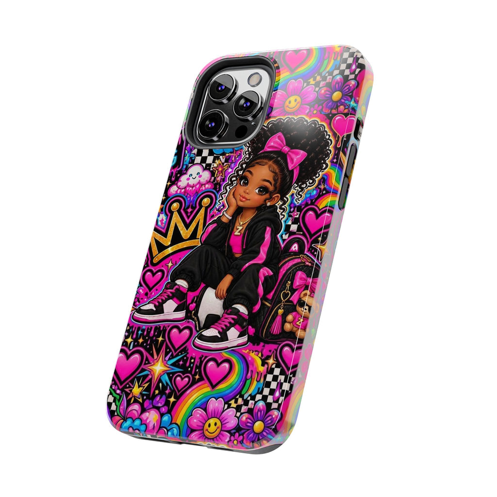 Cute Black Girl Phone Case Pink Crowned Girl, Hearts & Rainbow Tough Case