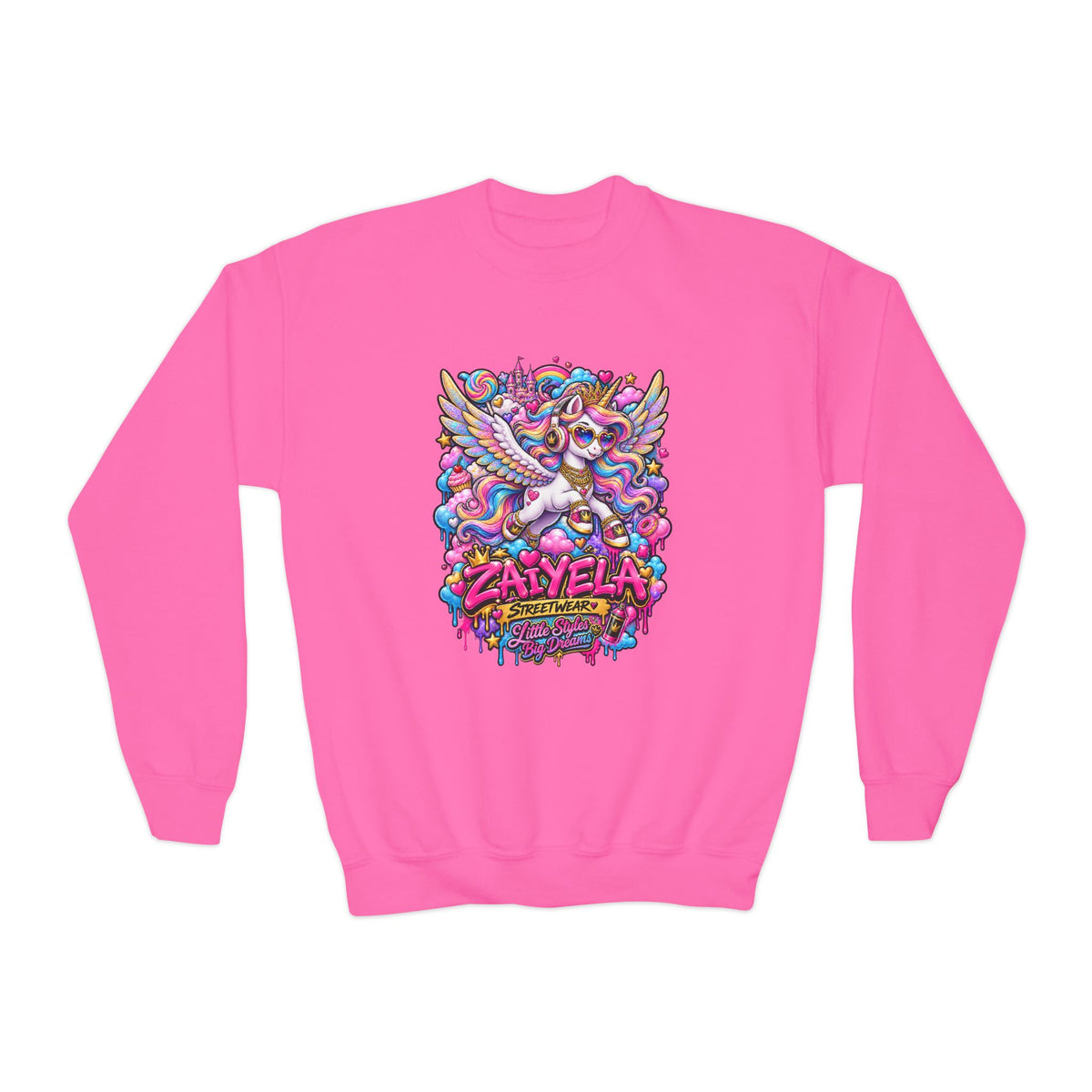 Youth Crewneck Sweatshirt — Colorful Cartoon Pegasus Design